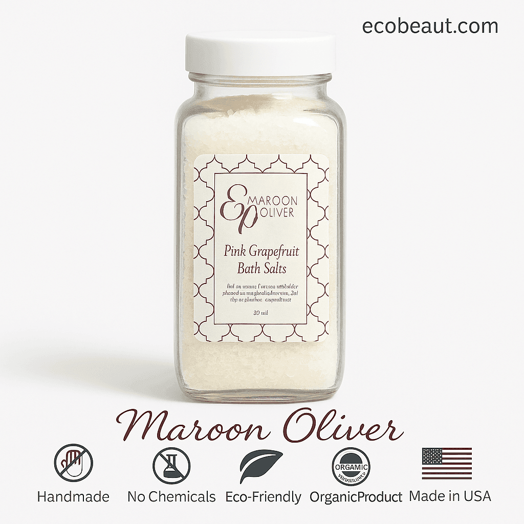 Maroon Oliver Pink Grapefruit Bath Salts in a clear glass jar on a clean white background – organic, handmade, eco-friendly bath product made in the USA