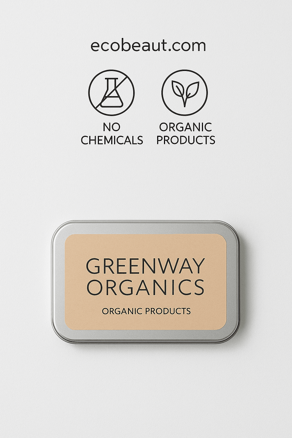 Metal tin labeled “Greenway Organics” on clean white background with eco labels and ecobeaut.com text.






