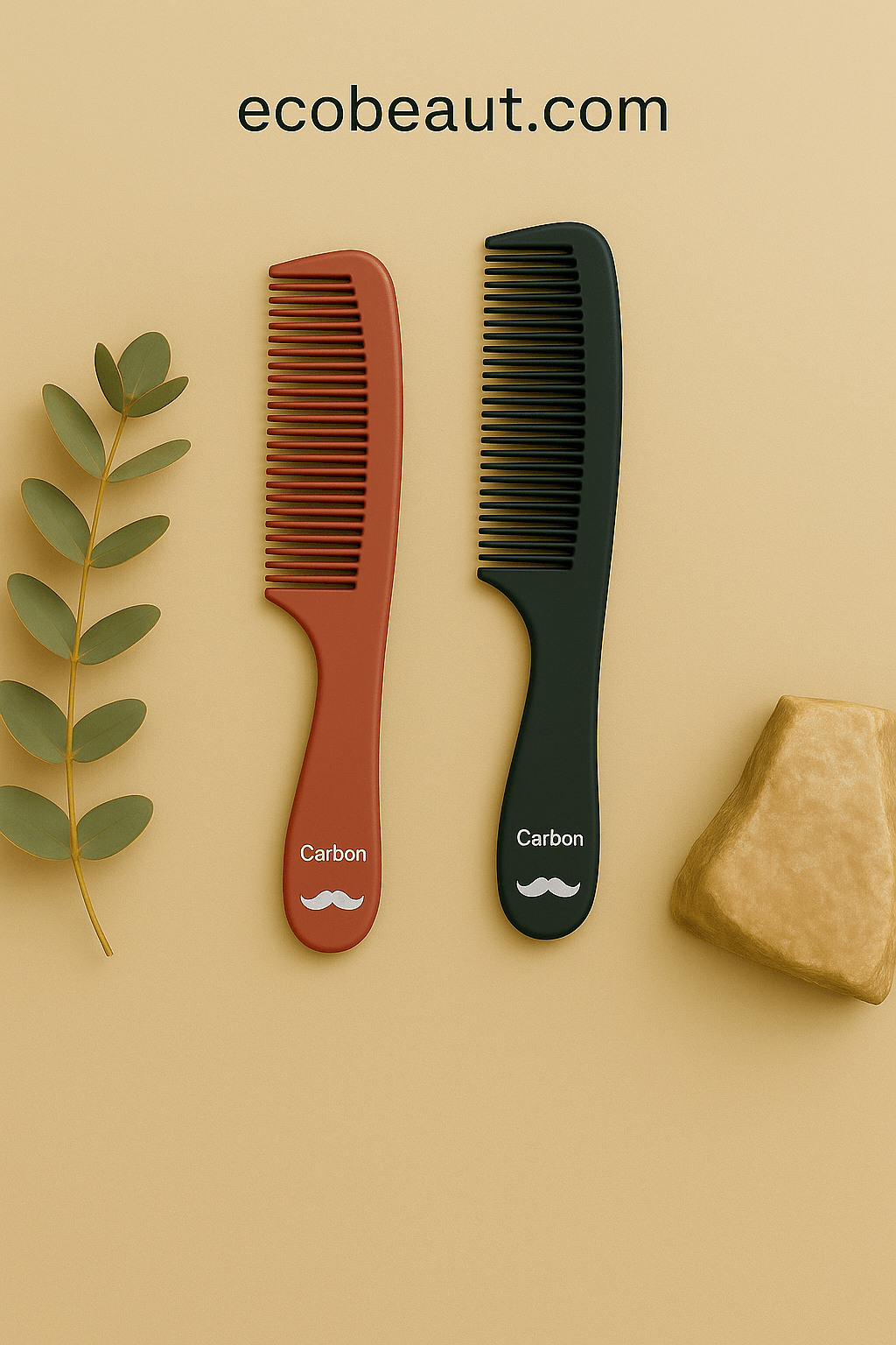 Minimalist carbon comb set with mustache logo and Carbon label – eco product