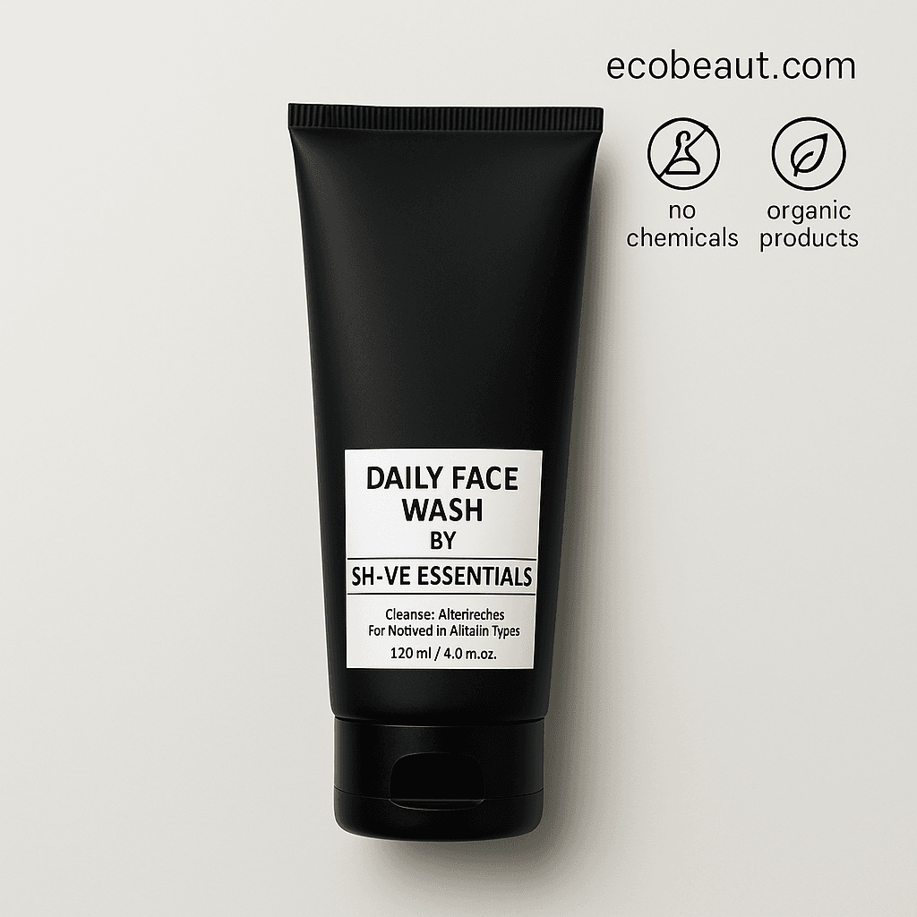 Minimalist close-up of Daily Face Wash by Shave Essentials against a soft beige background, highlighting the black tube with clear labeling, ecobeaut.com URL, and icons for 'no chemicals' and 'organic products'.