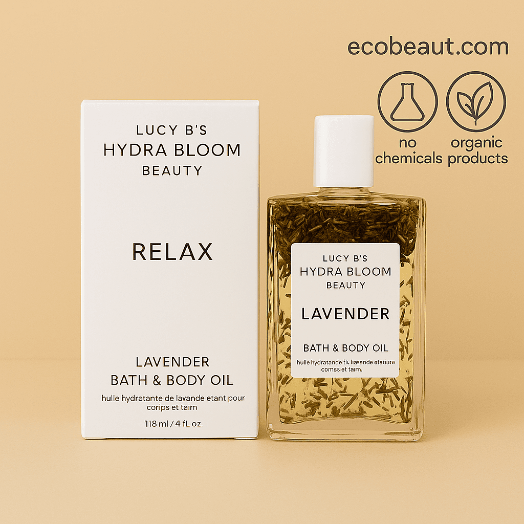 Minimalist display of Lucy B’s Hydra Bloom Lavender Bath & Body Oil and its packaging on a beige background. Top right features ecobeaut.com, no chemicals, and organic products icons.