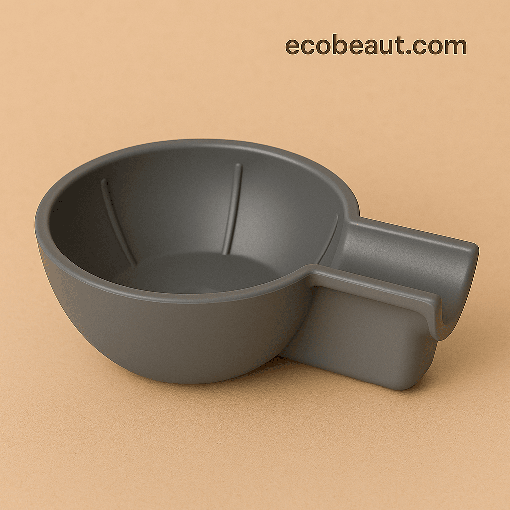 Minimalist gray mixing bowl with handle for sustainable beauty rituals – eco-friendly and organic – product presentation with soft background and branding ecobeaut.com

