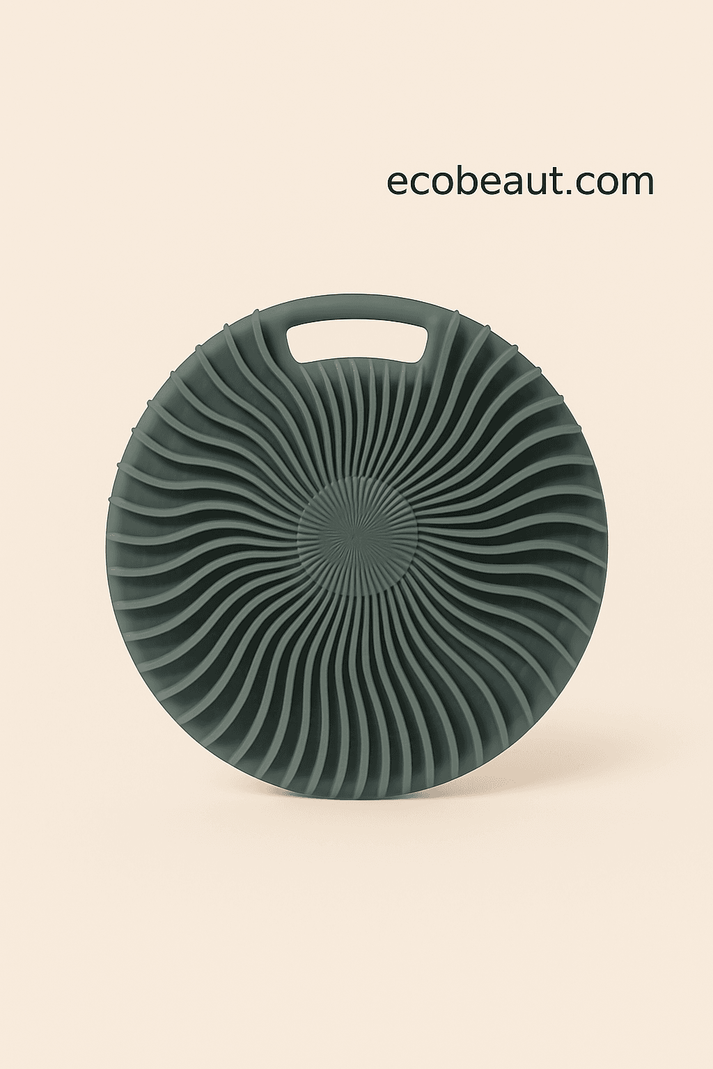 Minimalist gray silicone body scrubber with textured design for natural exfoliation – eco-friendly skincare accessory on beige background, ecobeaut.com

