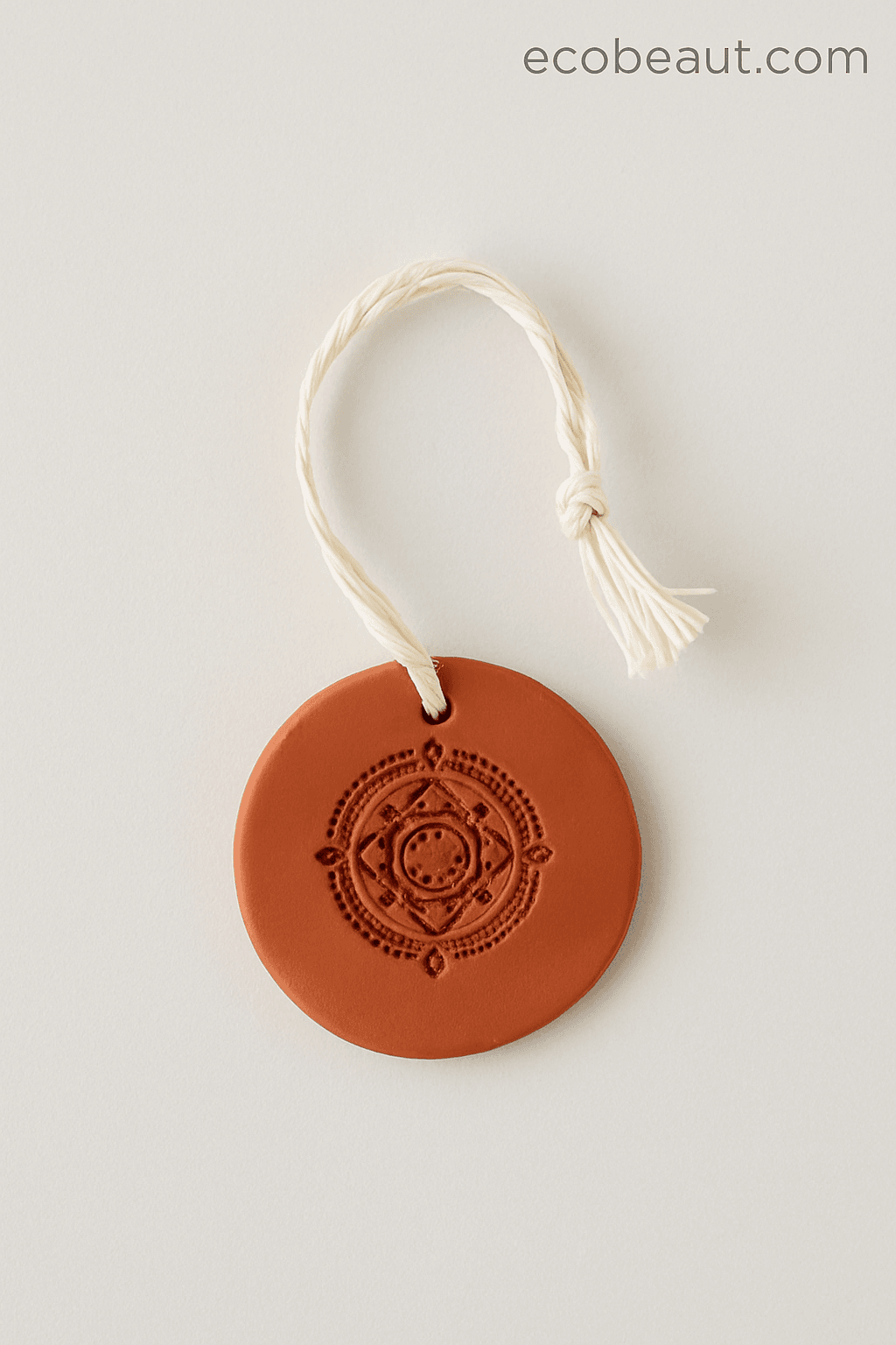 Round terracotta ornament with decorative pattern on a white background, featuring the brand 'ecobeaute.com'.