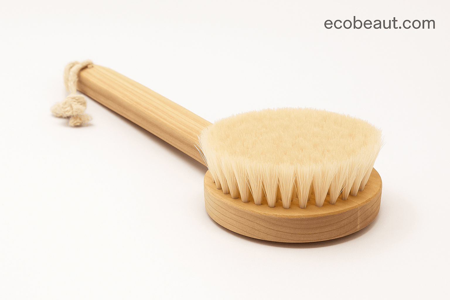 Minimalist wooden body brush close-up with soft bristles – sustainable beauty accessory from ecobeaut.com