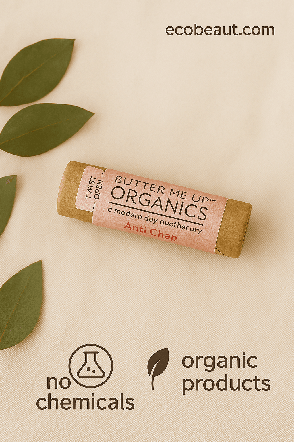 Minimalistic presentation of an organic lip balm in kraft paper packaging with a pink label, placed on a plain beige background. The product is centered with the website “ecobeaut.com” in the top right corner and eco-labels “no chemicals” and “organic products” neatly displayed at the bottom.








