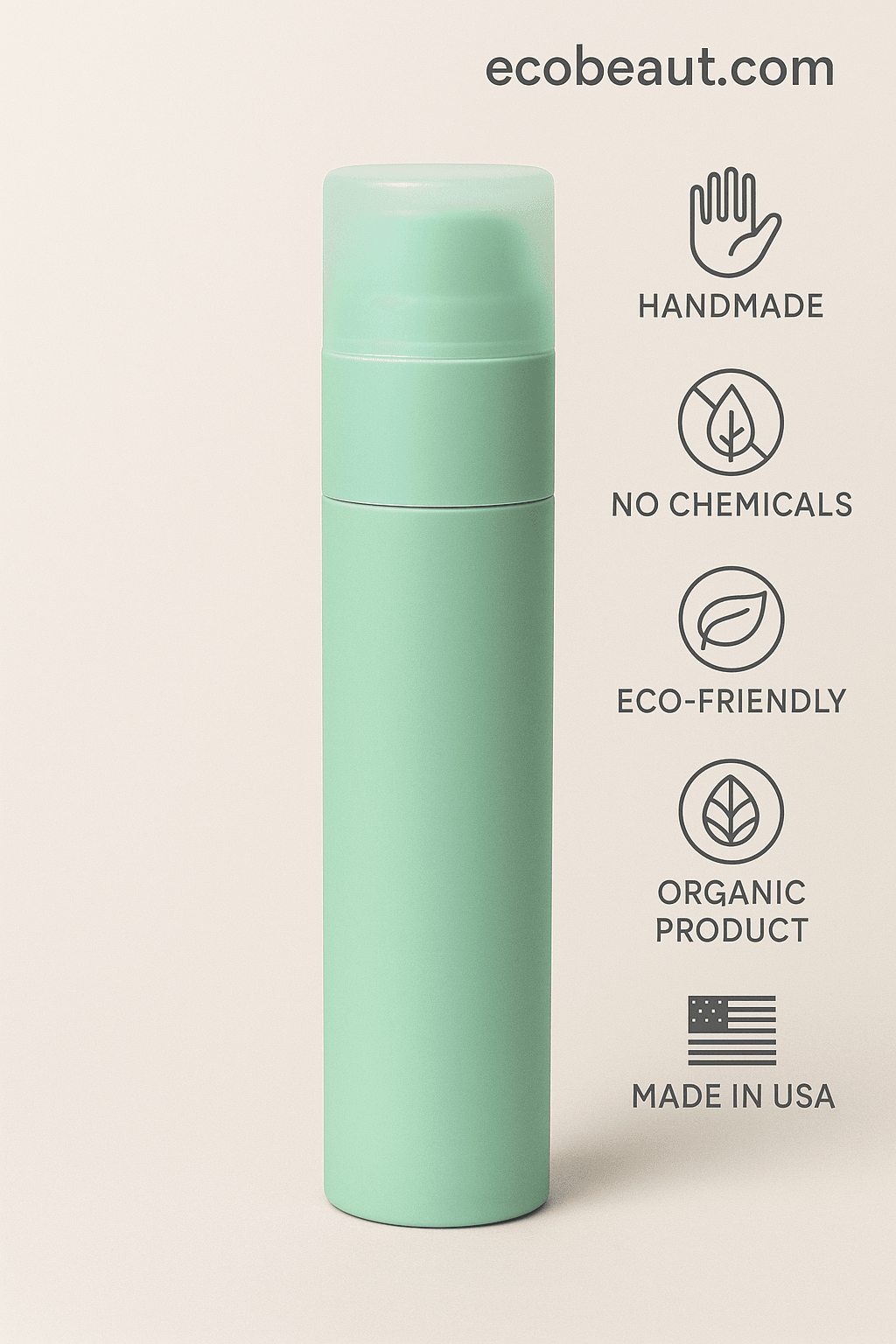 Mint green fluoride toothpaste dispenser with eco-friendly icons, handmade, no chemicals, organic product, made in USA – ecobeaut.com