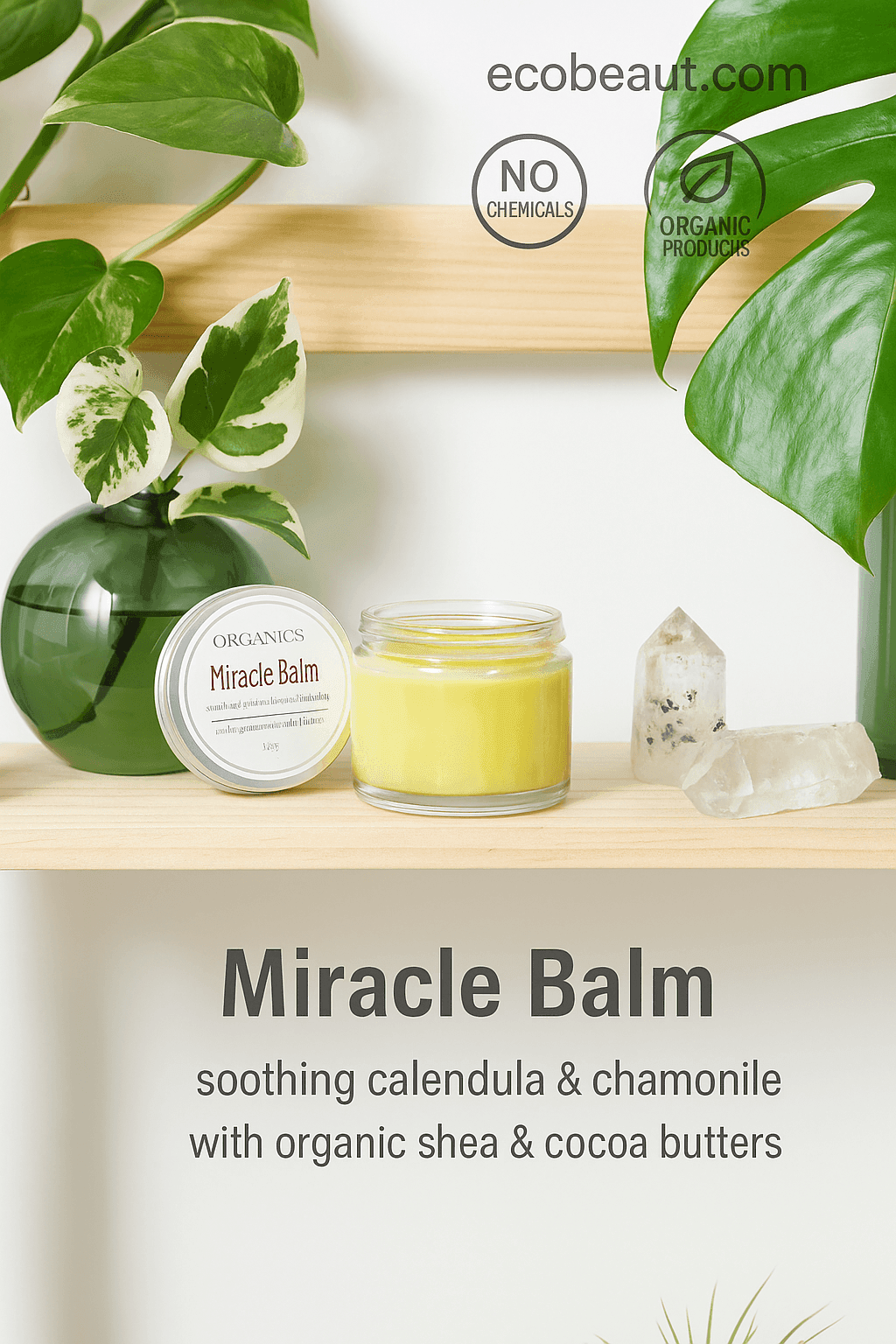 Miracle Balm by Butter Me Up Organics on wooden shelf with houseplants and crystals – organic healing balm for dry skin, no chemicals, ecobeaut.com