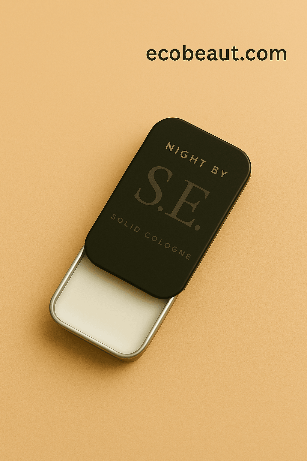 NIGHT BY S.E. Solid Cologne tin opened on a soft beige background with ecobeaut.com – sleek and portable men’s fragrance.