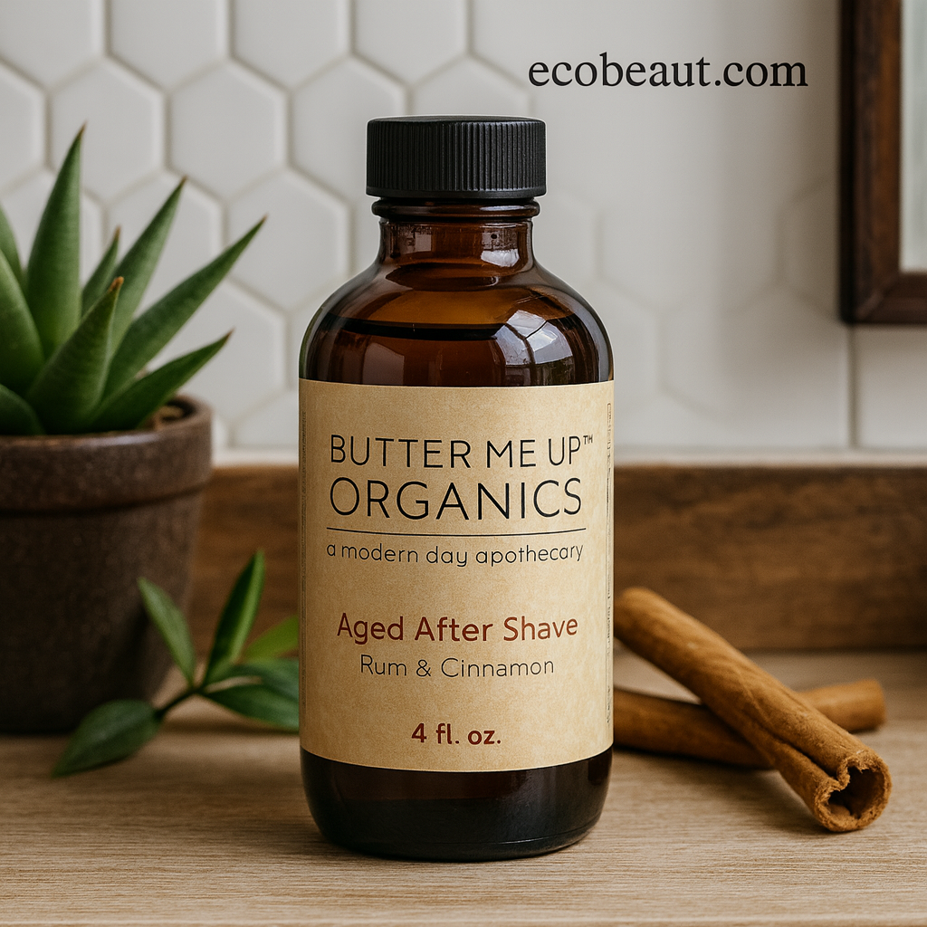 Butter Me Up Organics Aged After Shave bottle with cinnamon sticks and a plant in the background