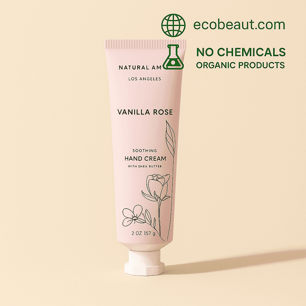 Natural Amor Vanilla Rose Soothing Hand Cream in a pink tube on a beige background. Labeled as organic and chemical-free with ecobeaut.com branding in the corner.