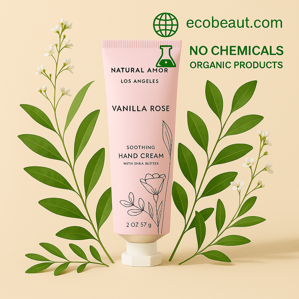 Natural Amor Vanilla Rose Soothing Hand Cream in a pink tube surrounded by green leaves and white flowers on a beige background. Labeled as organic and chemical-free with ecobeaut.com branding.