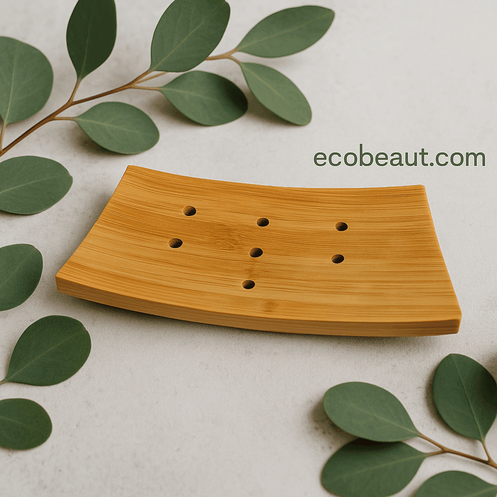 "Natural bamboo soap dish with drainage holes surrounded by eucalyptus leaves – eco-friendly bathroom accessory from ecobeaut.com