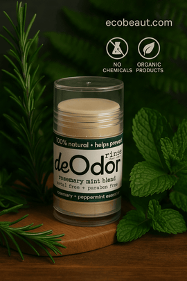 Natural deodorant stick on wooden surface with mint and rosemary, “ecobeaut.com” and eco-friendly icons in the top right.





