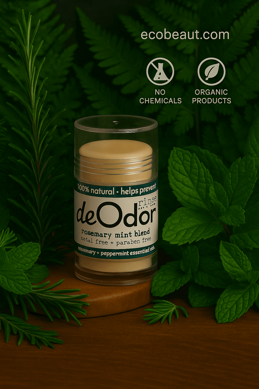 Natural deodorant stick with green leaves and herbs, on wood, with “ecobeaut.com” and eco icons in the top right.



