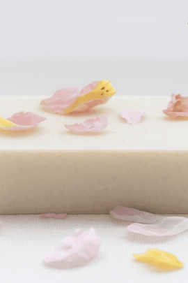 Natural handcrafted soap bar with dried flower petals on top, ideal for sensitive skin – eco-friendly product with no chemicals, organic ingredients – ecobeaut.com