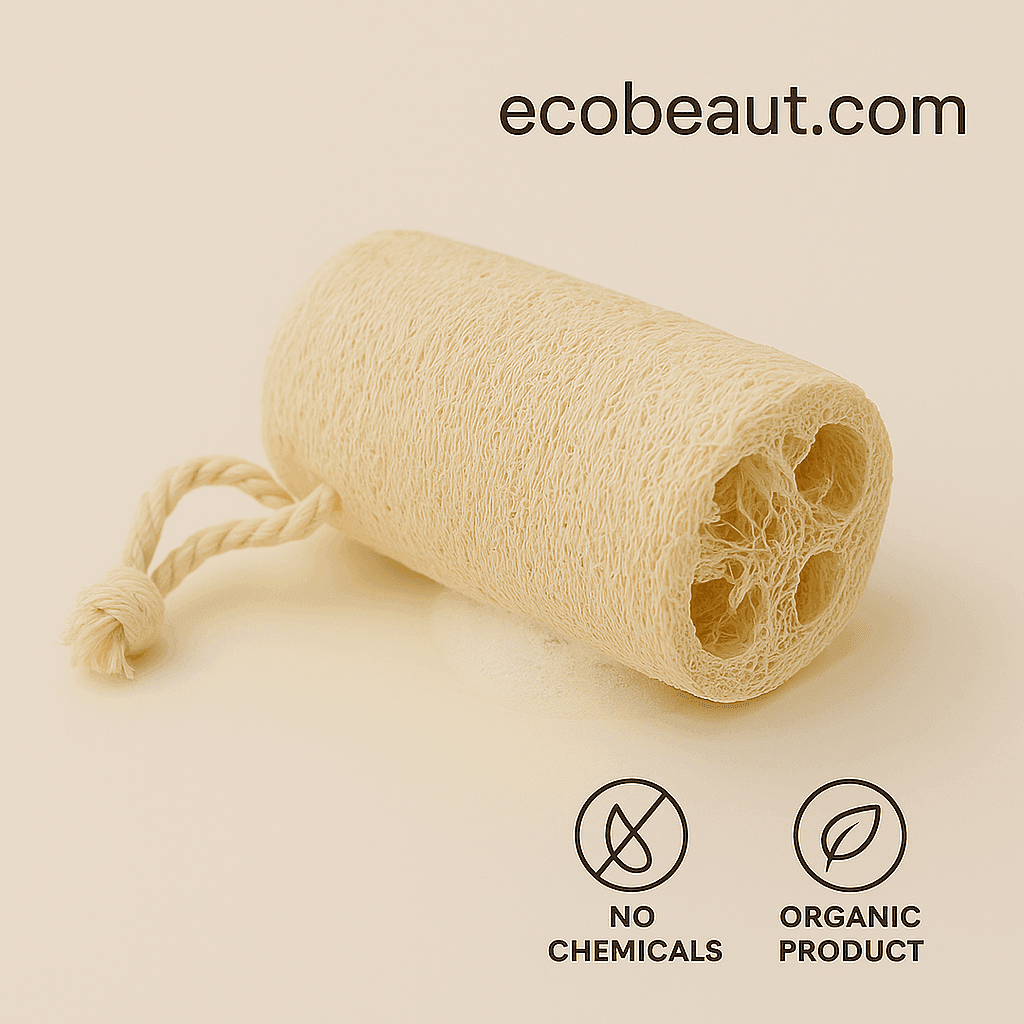 Natural loofah sponge with soap foam on beige surface – no chemicals and organic product certified by ecobeaut.com"