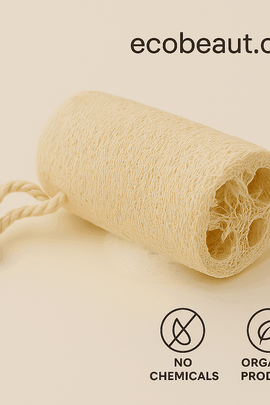 Natural loofah sponge with soap foam on beige surface – no chemicals and organic product certified by ecobeaut.com"