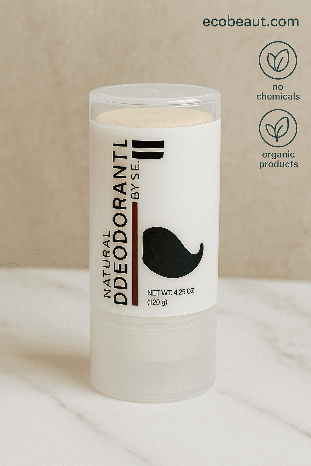 Natural organic deodorant by S.E. with minimalist design and mustache logo on marble background – ecobeaut.com, no chemicals, organic products