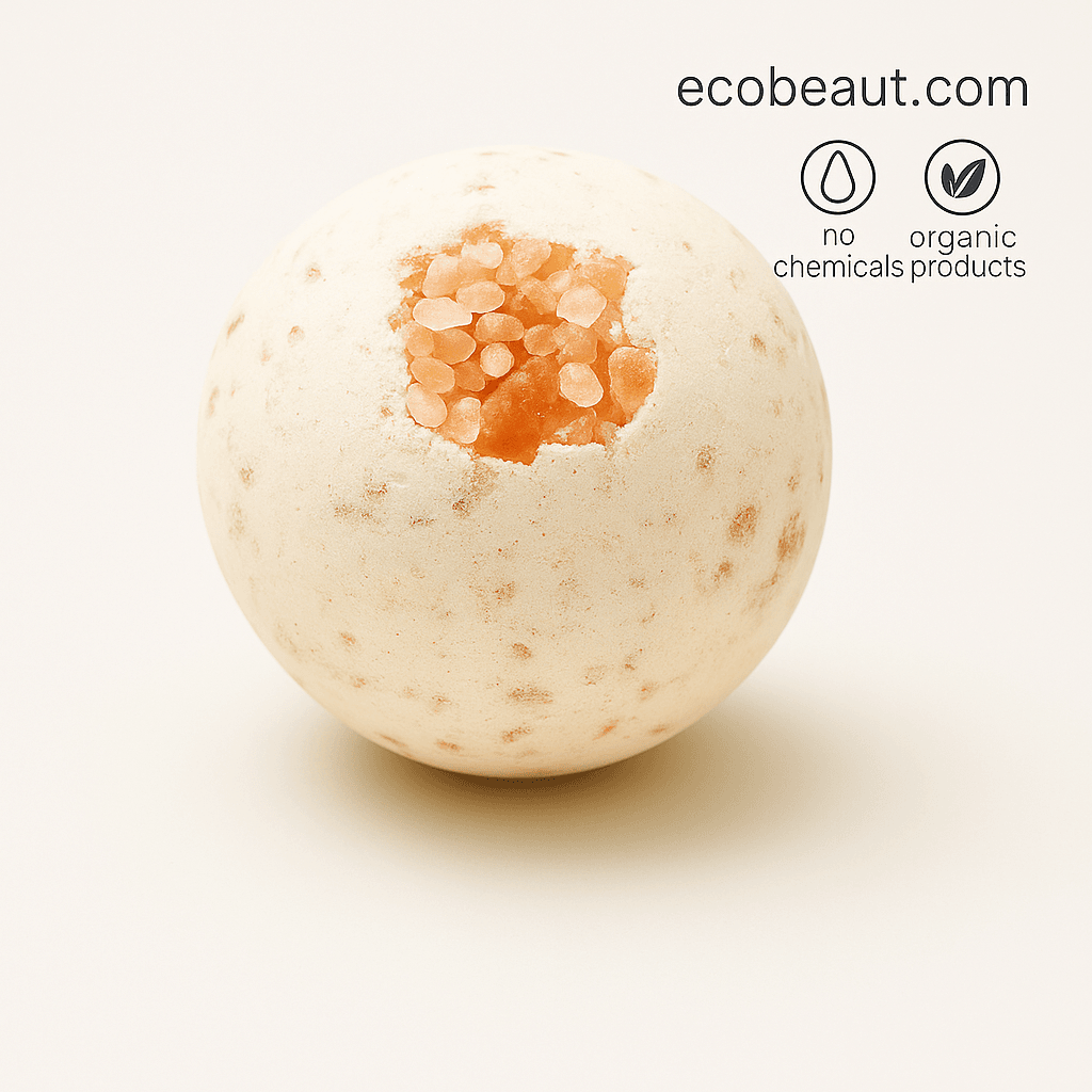 Natural presentation of the organic detox bath bomb placed on Himalayan salt crystals – eco-friendly and handmade by ecobeaut.com