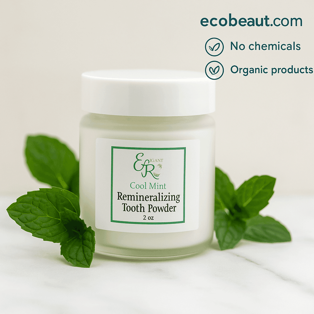 Natural remineralizing tooth powder in a glass jar – chemical-free organic oral care from ecobeaut.com