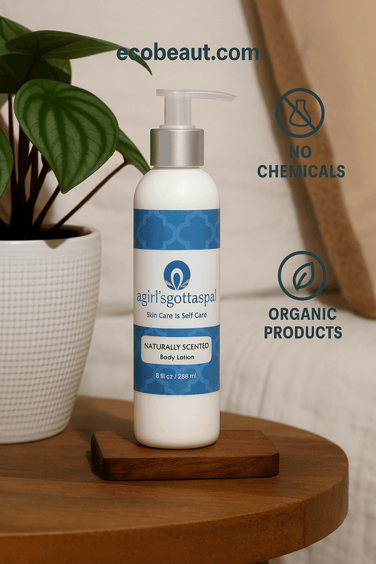 Naturally Scented Body Lotion by A Girl’s Gotta Spa! placed on a wooden surface with potted plant – organic skincare, no chemicals, ecobeaut.com