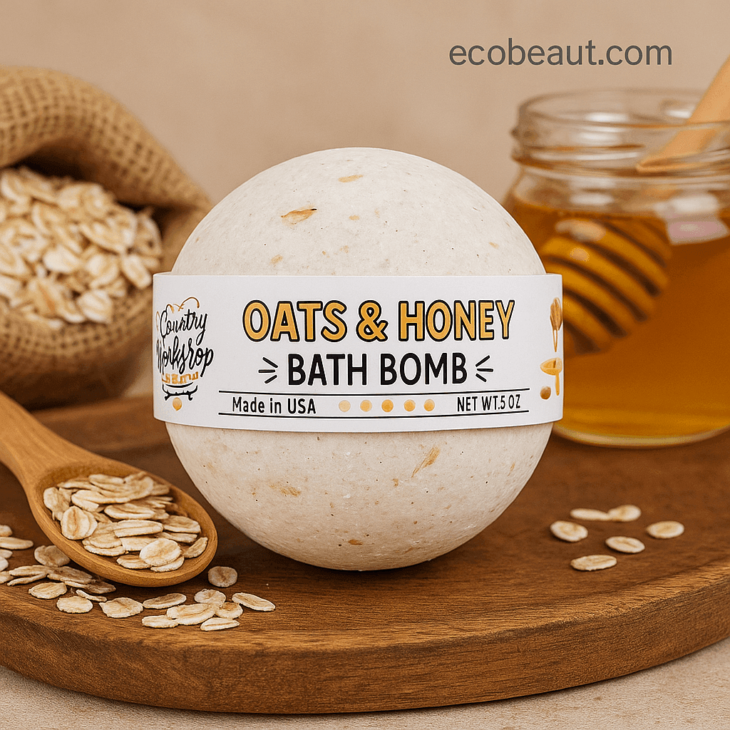Oats & Honey Bath Bomb on a wooden surface with raw oats and a jar of honey, labeled with ecobeaut.com and icons for organic and chemical-free care