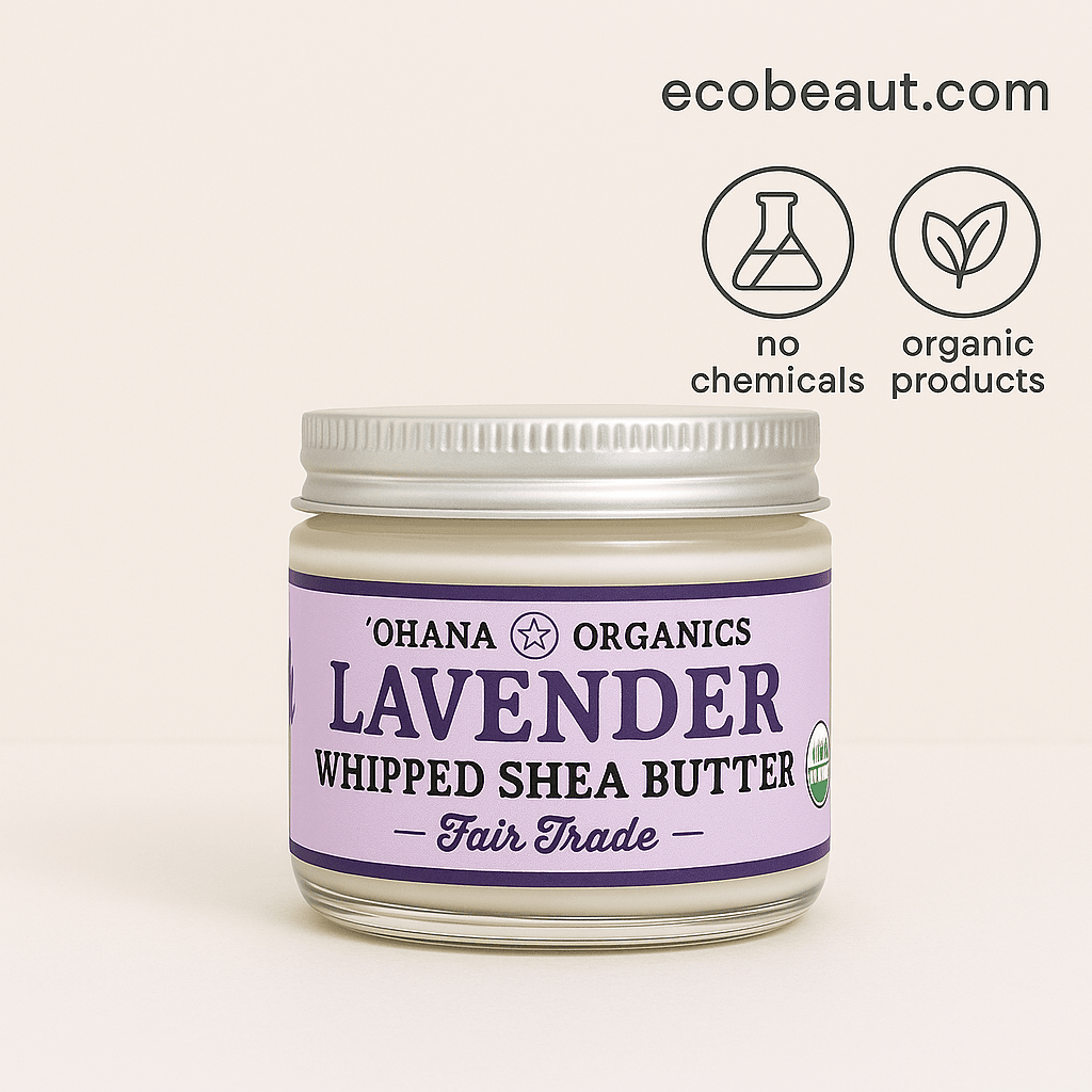 Ohana Organics lavender whipped shea butter jar on a light background. Top right corner includes: ecobeaut.com, no chemicals, and organic products icons.