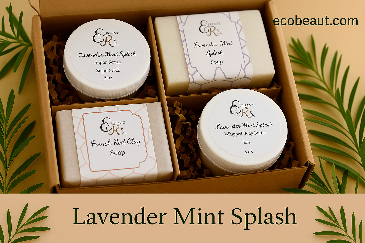 Open Elegant Rose gift box featuring Lavender Mint Splash sugar scrub, soap, whipped body butter, and French Red Clay soap, surrounded by green leaves with ecobeaut.com in the top right corner.





