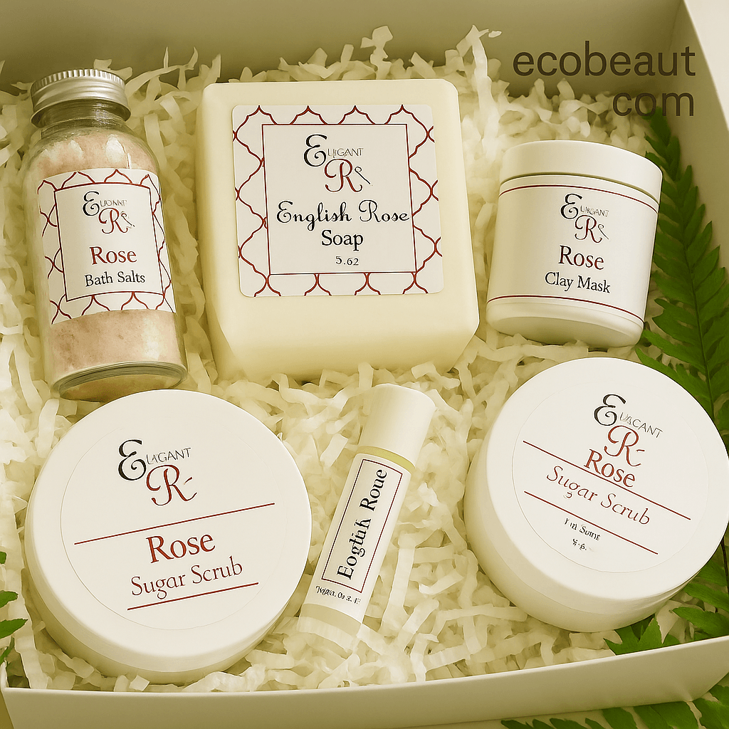 Open gift box from Elegant Rose with rose bath salts, English Rose soap, rose clay mask, two sugar scrubs, and lip balm, arranged on white shredded paper with fern leaves and ecobeaut.com in the top right corner.