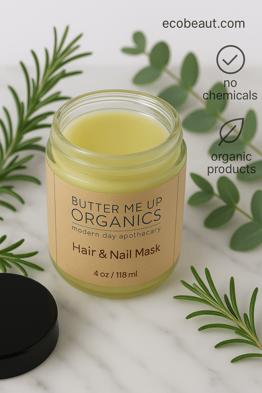 Open jar of Butter Me Up Organics Hair & Nail Mask on a white marble surface, surrounded by rosemary and eucalyptus sprigs. Icons on the right highlight "no chemicals" and "organic products," with the website "ecobeaut.com" displayed in the upper right corner.