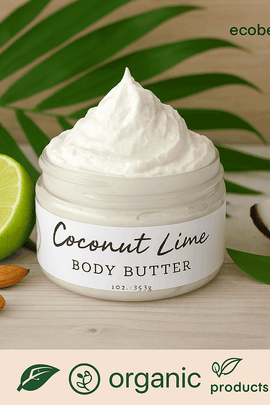 Open jar of Coconut Lime Body Butter with soft whipped texture, placed on a beige background, with fresh lime and coconut elements partially visible; ecobeaut.com and icons for no chemicals and organic products are displayed in the top right corner








