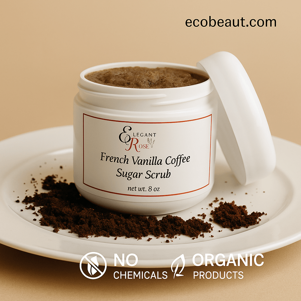 Open jar of Elegant Rose French Vanilla Coffee Sugar Scrub on a white plate with scattered coffee grounds, ecobeaut.com in top right corner, and icons no chemicals and organic products at the bottom