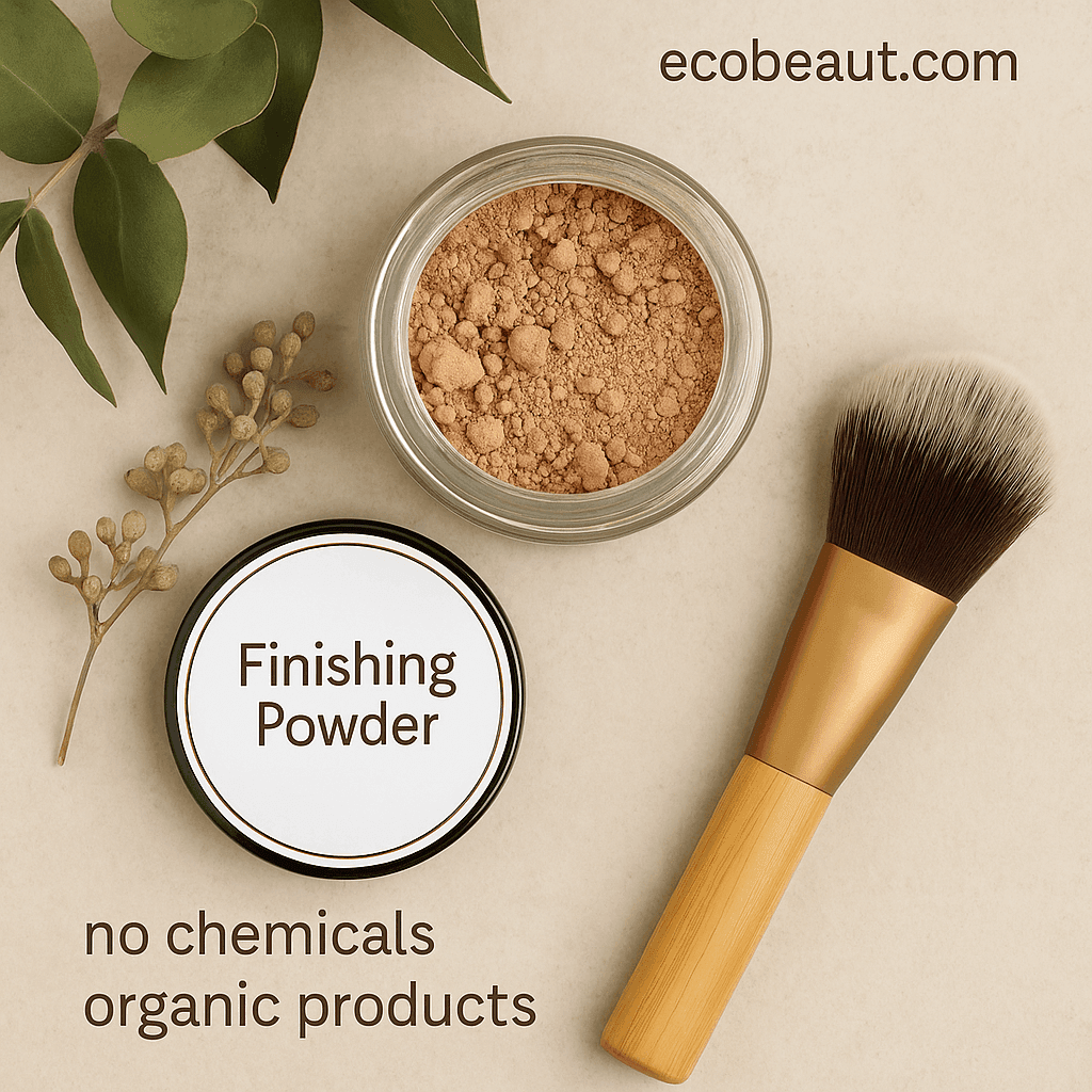 Open jar of loose finishing powder on a textured stone surface with a makeup brush nearby, surrounded by eucalyptus leaves and dried botanicals. Text “ecobeaut.com” is in the top right corner; “no chemicals” and “organic products” appear at the bottom.