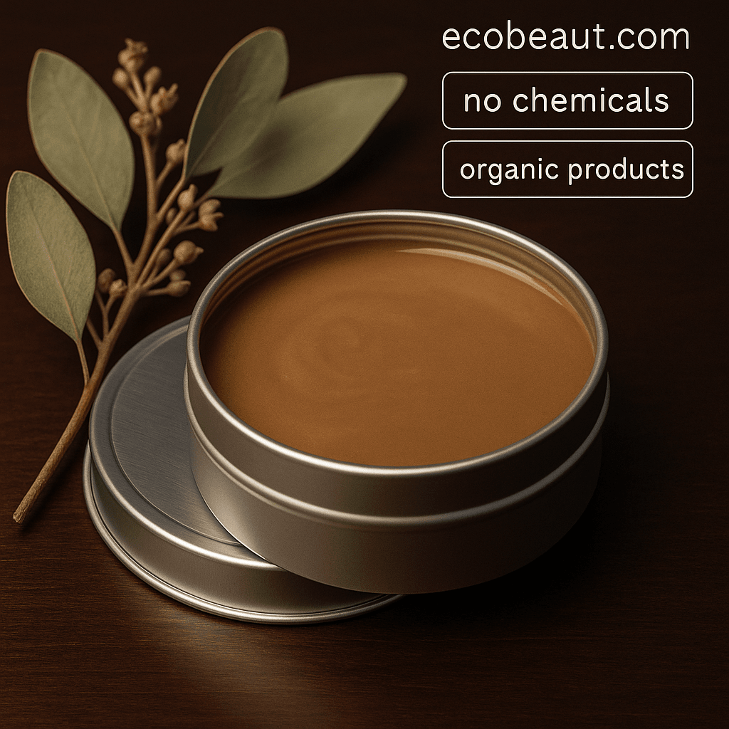 Open metal tin with brown balm on dark wooden surface, eucalyptus sprig beside it, and eco labels with ecobeaut.com in the top right corner.