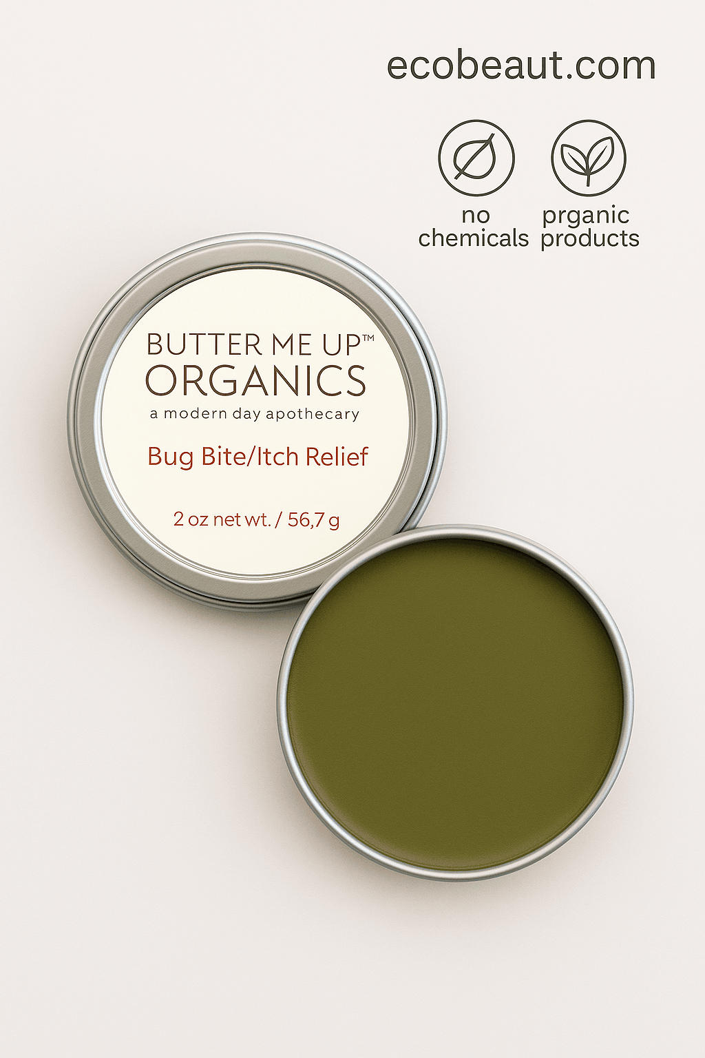 Butter Me Up Organics Bug Bite/Itch Relief balm in a tin with 'ecobeaute.com' branding.