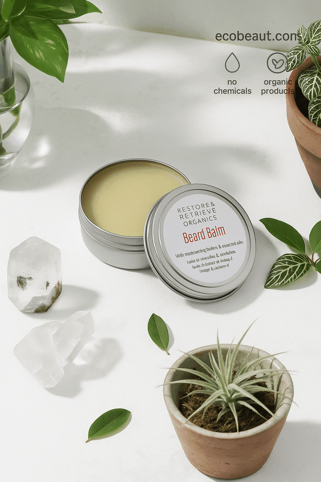 Open tin of organic beard balm by Restore & Retrieve Organics on a bright surface with houseplants and crystals – natural beard care from ecobeaut.com.