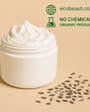 Open white plastic jar filled with thick cream, placed on a beige background with scattered lavender seeds. Organic and chemical-free product from ecobeaut.com.