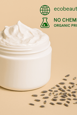 Open white plastic jar filled with thick cream, placed on a beige background with scattered lavender seeds. Organic and chemical-free product from ecobeaut.com.