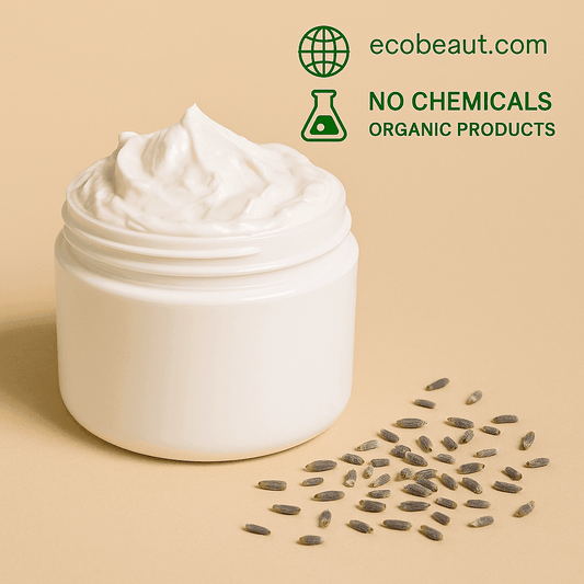 Open white plastic jar filled with thick cream, placed on a beige background with scattered lavender seeds. Organic and chemical-free product from ecobeaut.com.