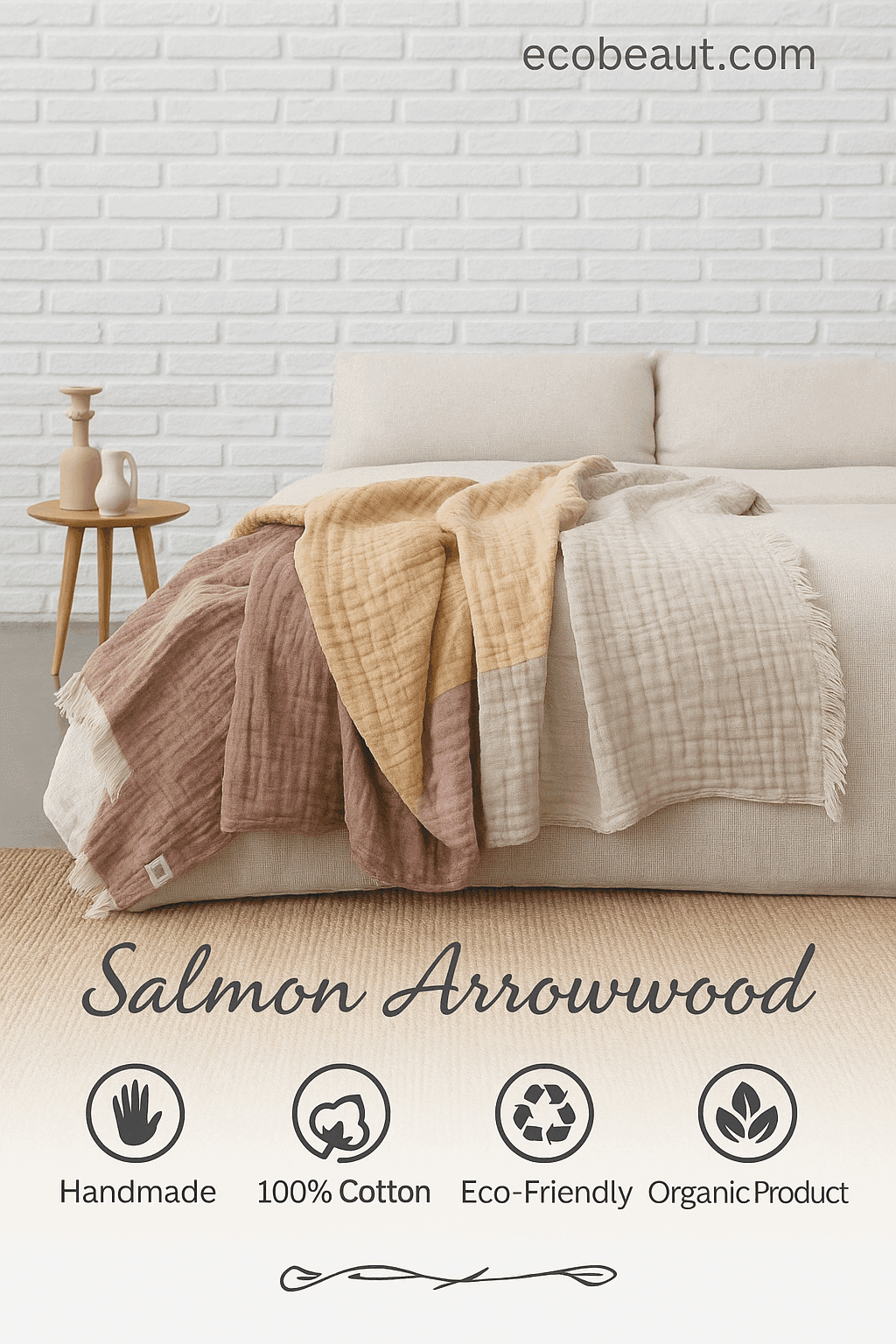 Organic 100% cotton boho throw blanket in soft earthy tones displayed on a modern bed with neutral decor – handmade, eco-friendly, and sustainable by Salmon Arrowwood.