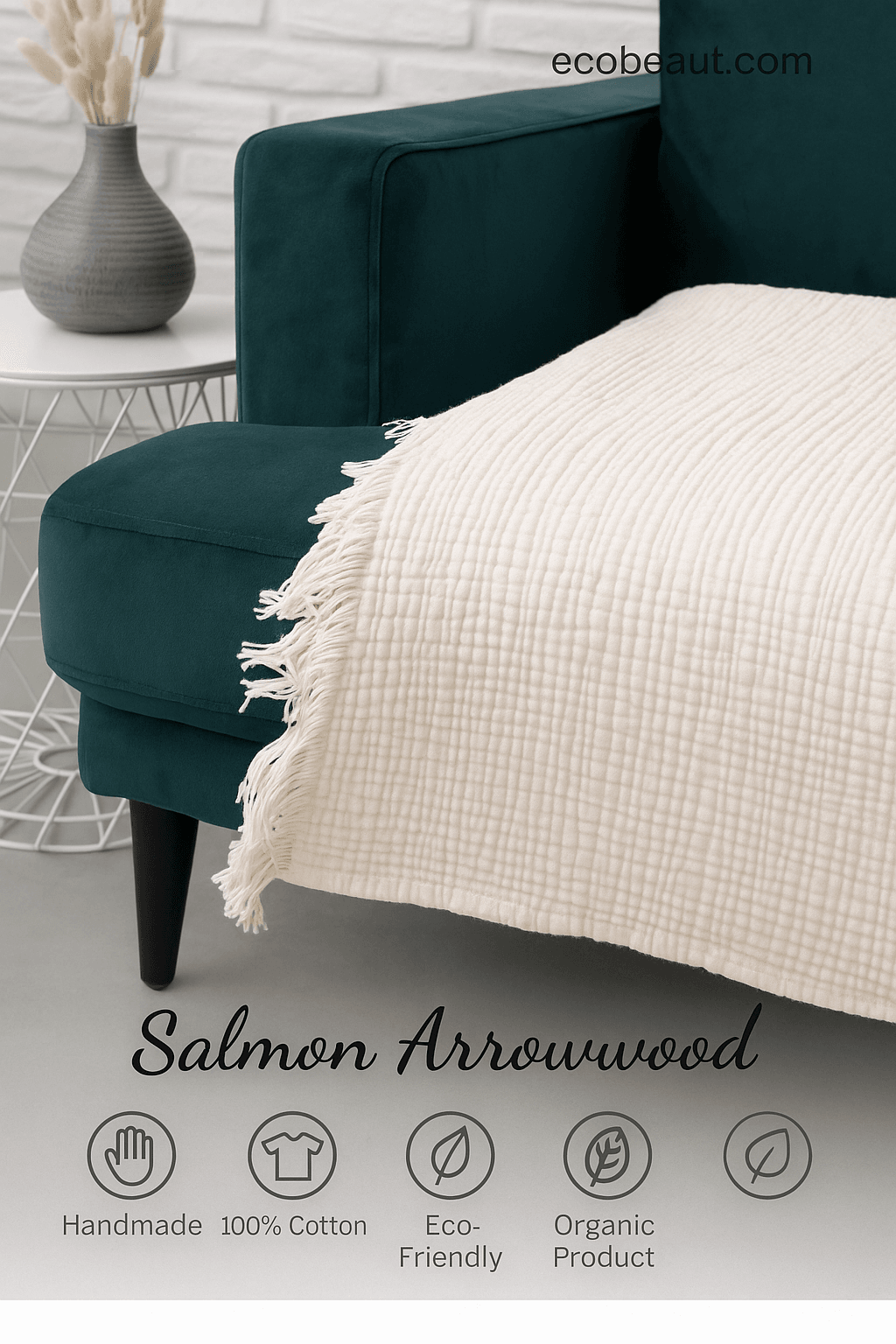 Organic 100% cotton cream throw blanket on teal armchair – eco-friendly and handmade, part of Salmon Arrowwood collection