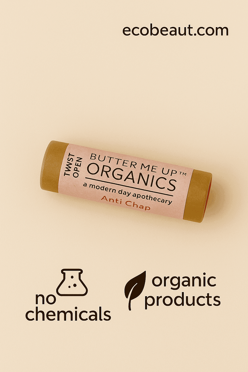 Organic Anti Chap lip balm in a kraft paper tube placed on a clean beige background, with the text "ecobeaut.com" in the top right corner and icons "no chemicals" and "organic products" at the bottom.