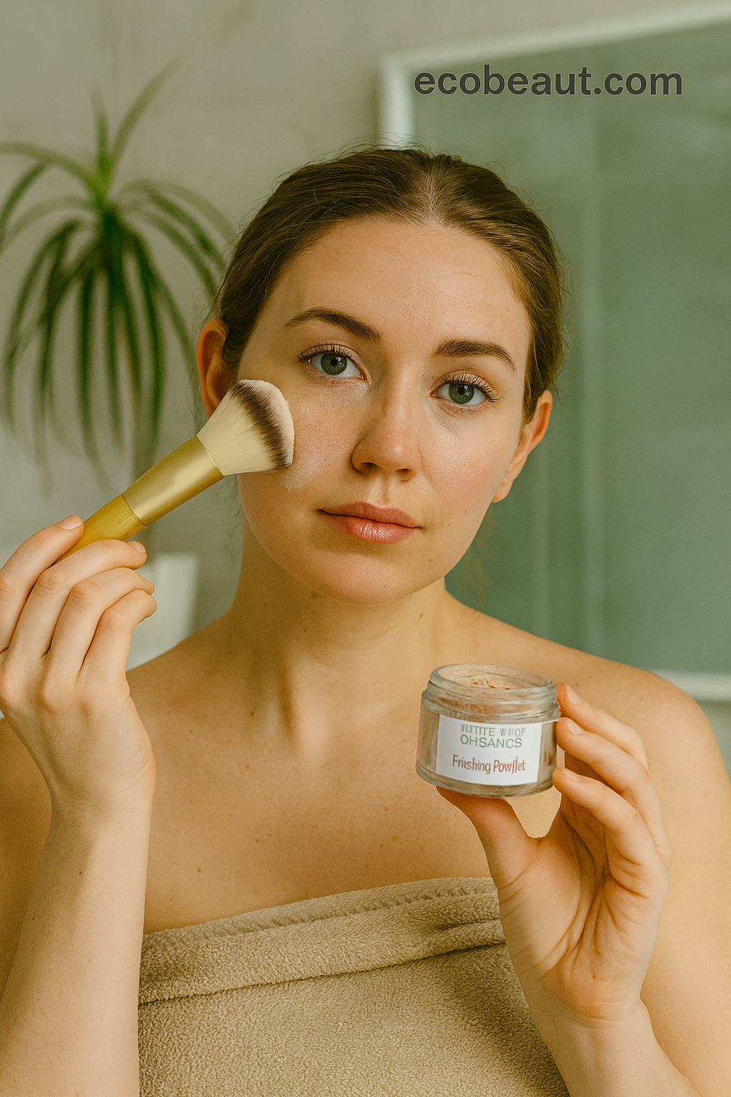 Woman applying cream with a brush and holding a jar labeled 'ecobeaut.com' in a bathroom setting.