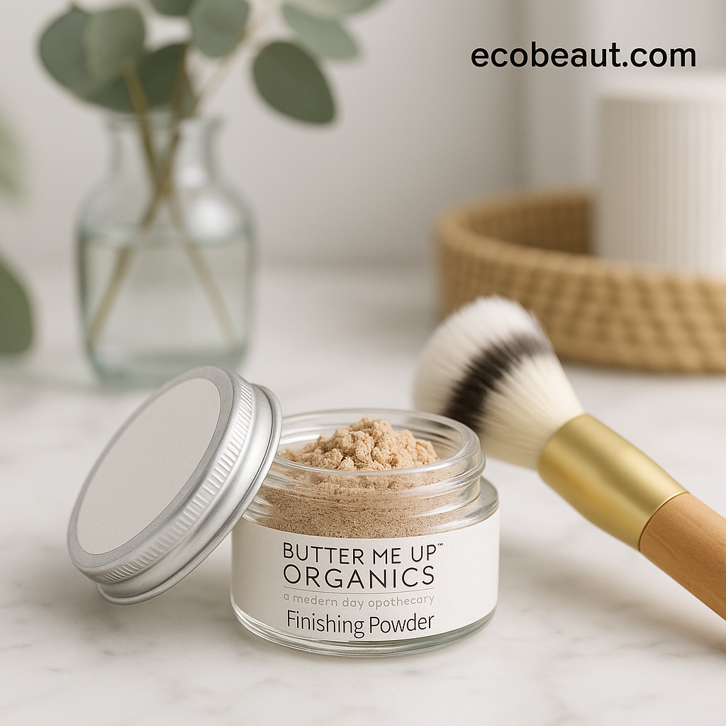 Jar of Butter Me Up Organics Finishing Powder with a brush on a light surface, featuring ecobeaut.com branding.
