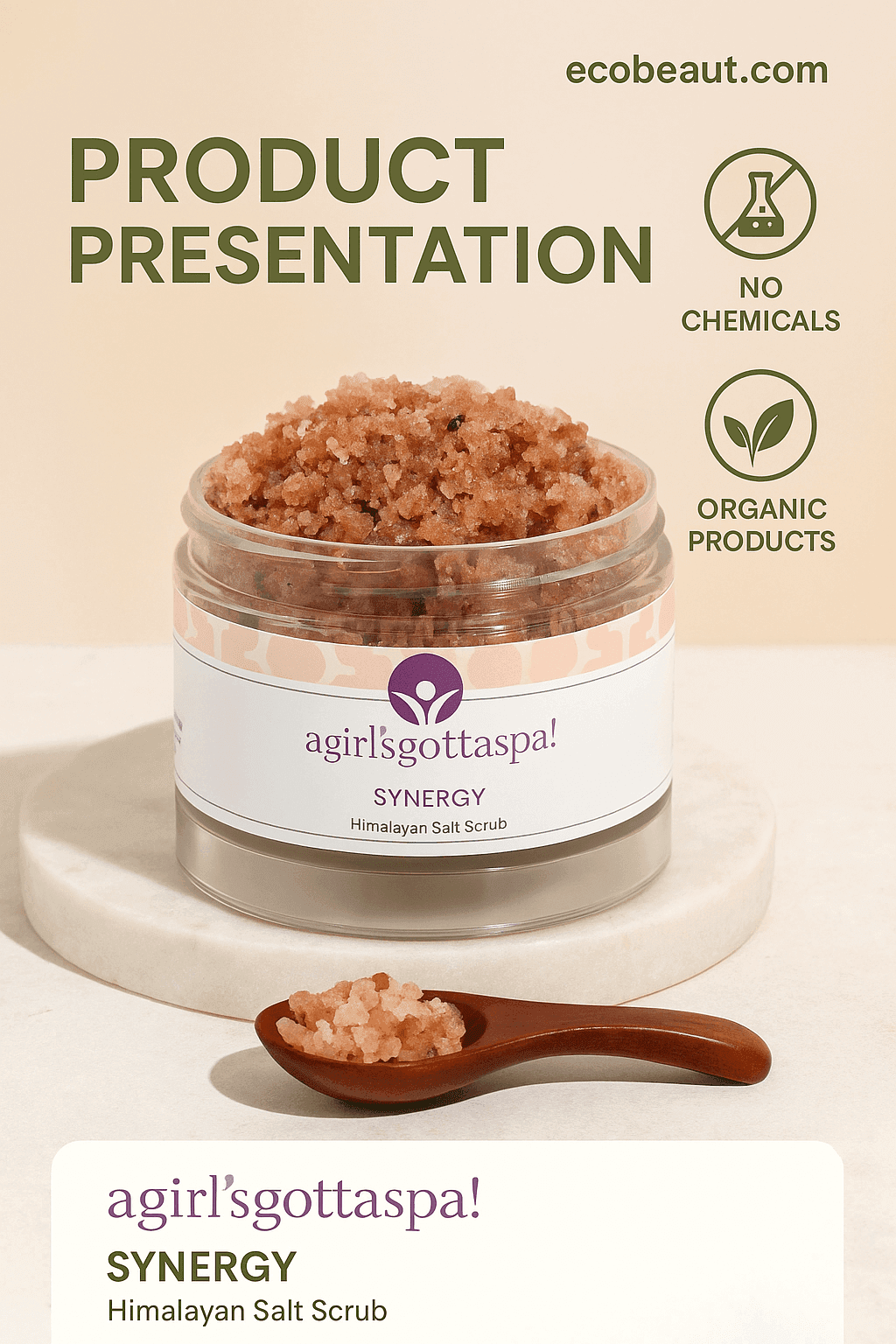 Synergy Himalayan Salt Body Scrub – Detoxify, Exfoliate & Hydrate Naturally in a clear jar with salt crystals.