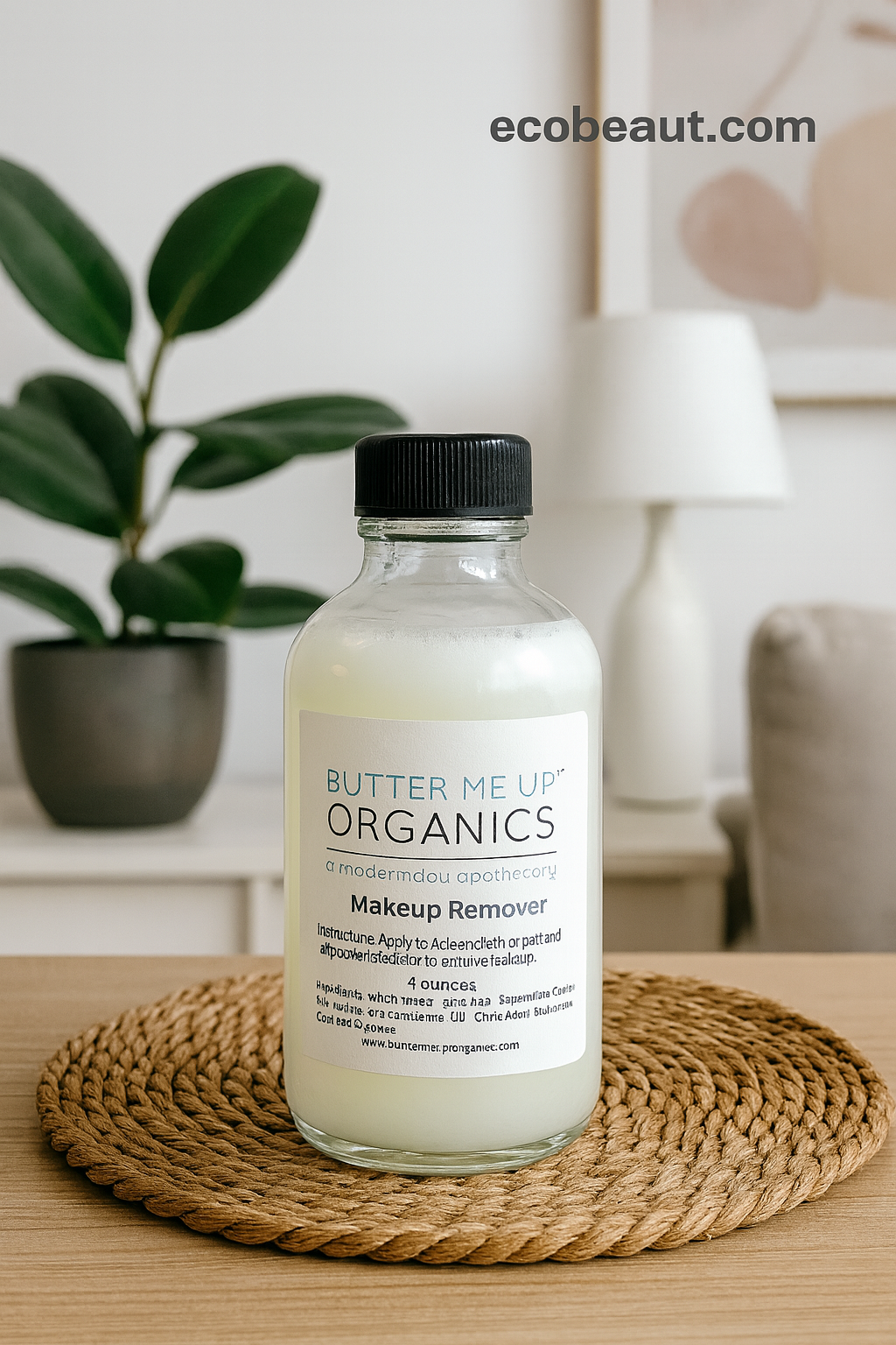 Bottle of 'Butter Me Up Organics' makeup remover on a woven mat with a blurred indoor background.