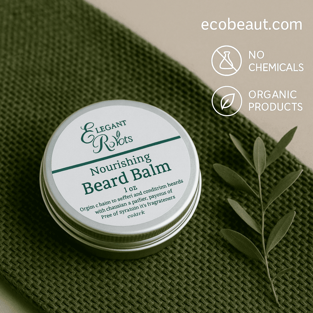 Organic Nourishing Beard Balm in a silver tin on green fabric – natural grooming product for men from ecobeaut.com