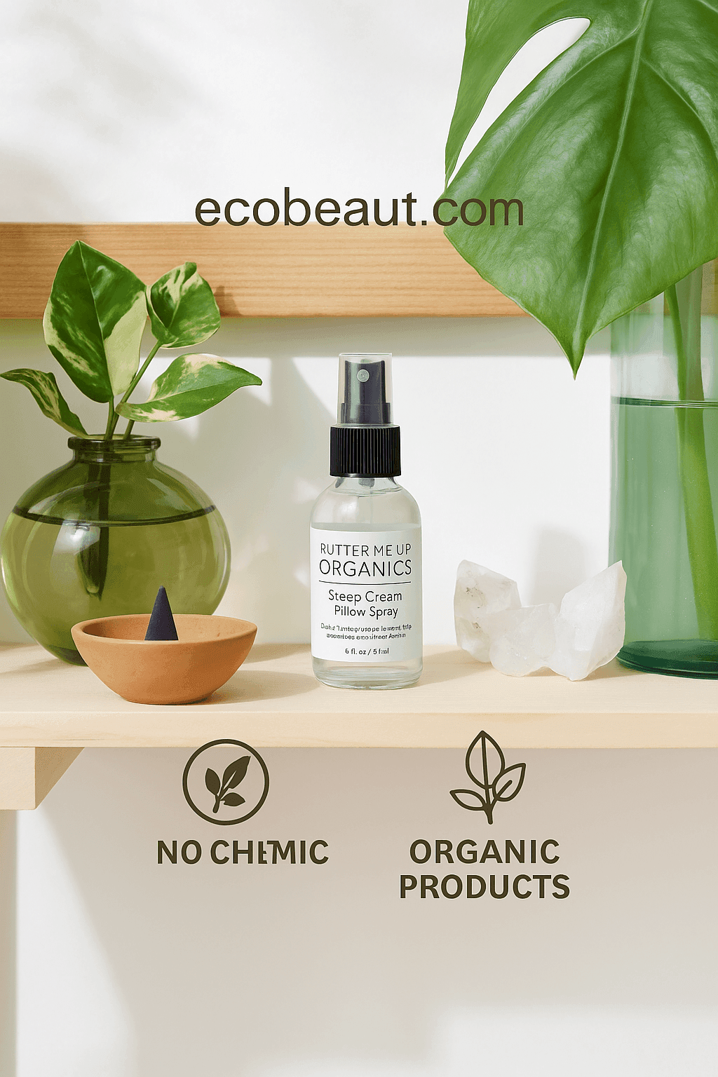 Organic Sweet Dreams Pillow Spray by Butter Me Up Organics displayed on a natural wood shelf with greenery and crystals – no chemicals, organic products – ecobeaut.com