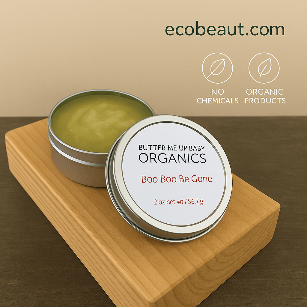 Organic balm tin labeled “Boo Boo Be Gone” by ecobeaut.com, with “no chemicals” and “organic products” icons on a beige background.